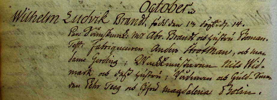 Udsnit af kirkebog, Daab af Wilhelm Ludvig Brandt